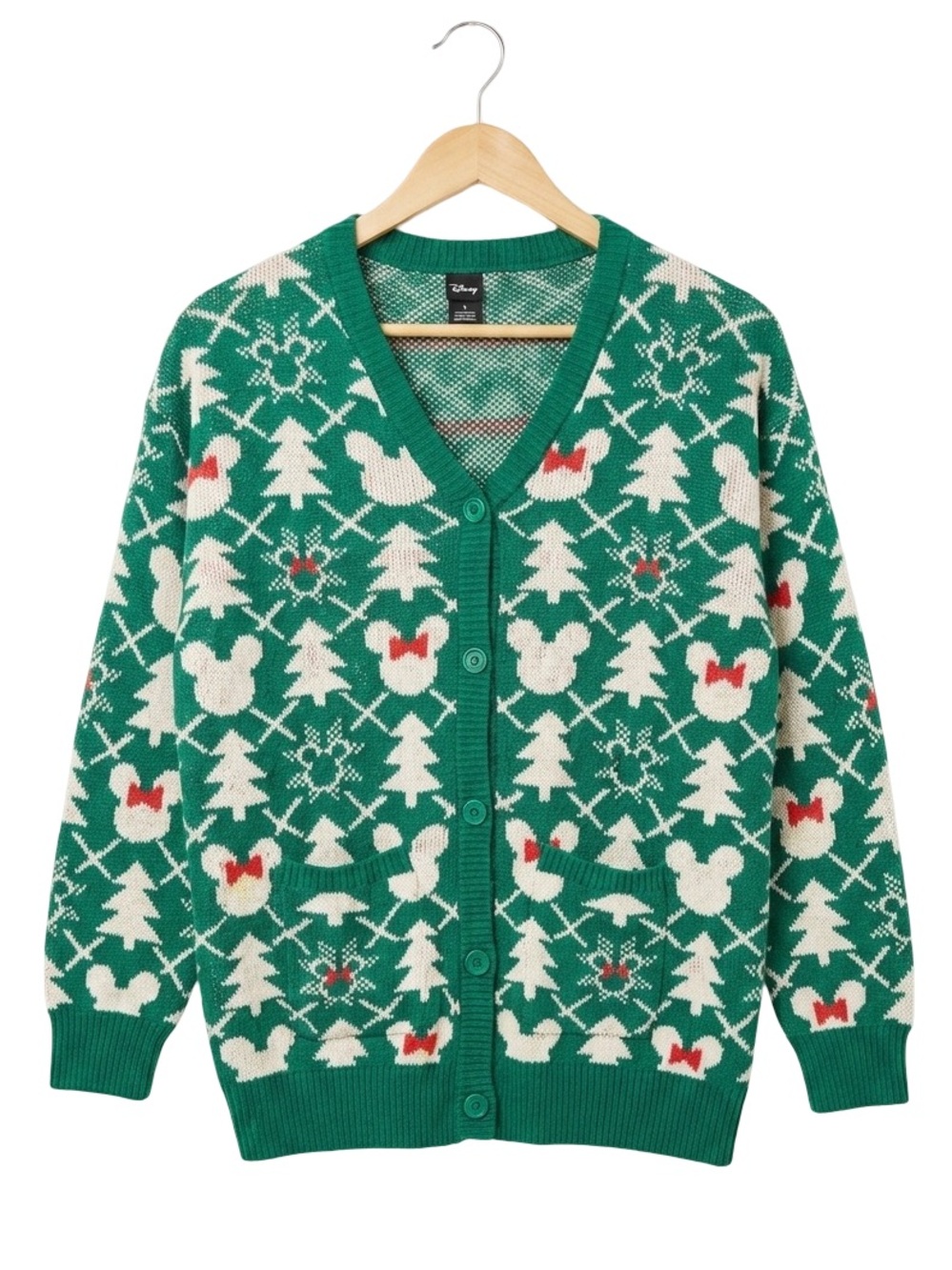 Her Universe Disney Holiday Fair Isle Oversized Cardigan Mickey Minnie Green L